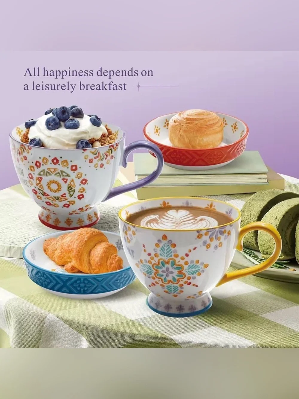 Ceramic Coffee Mug Set of 2 – 15 oz Mugs + Saucers